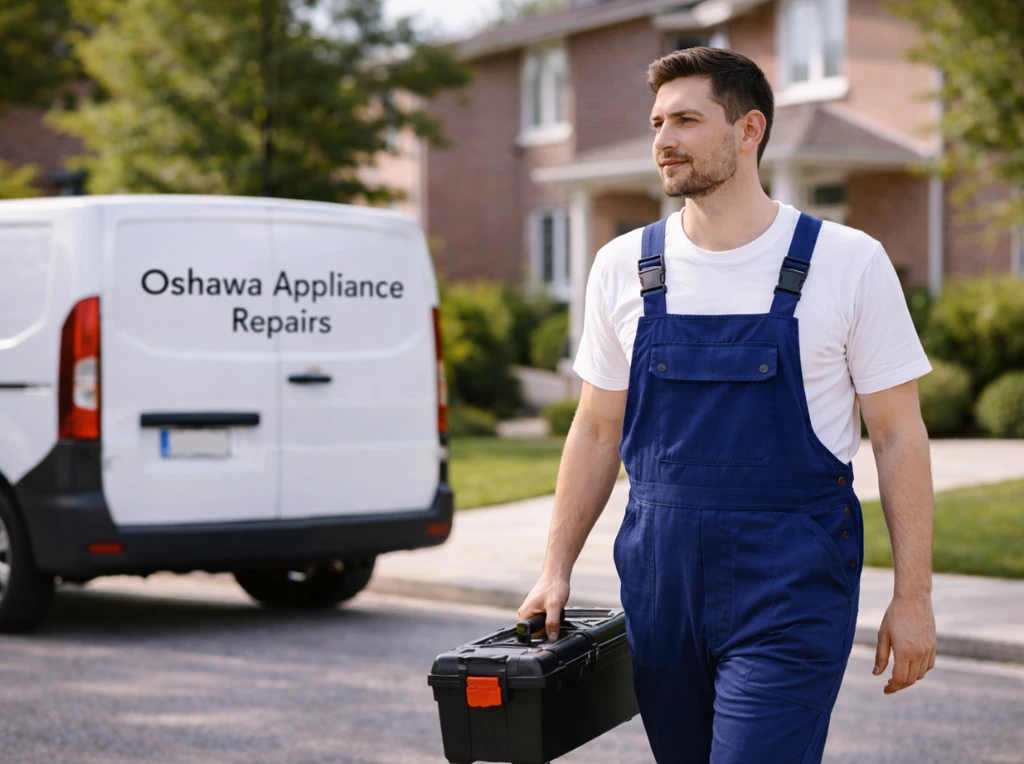 Appliance repair technician on a service call in a suburban Oshawa neighborhood