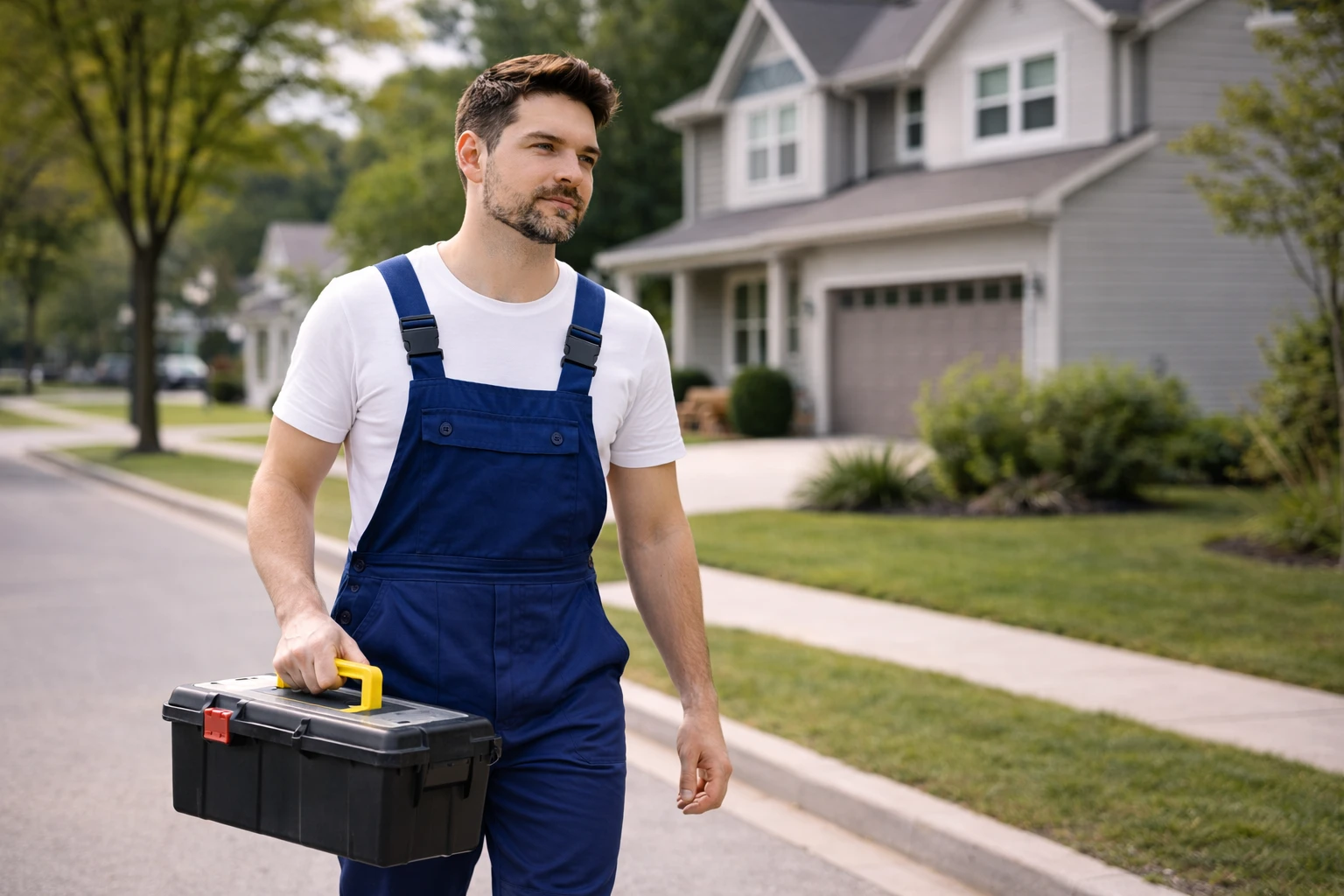 appliance repair technician arriving at residential home in oshawa with toolbox