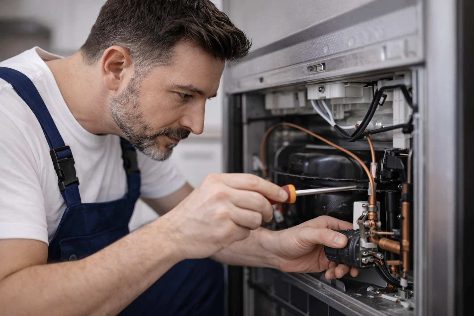 appliance technician repairing refrigerator components in oshawa