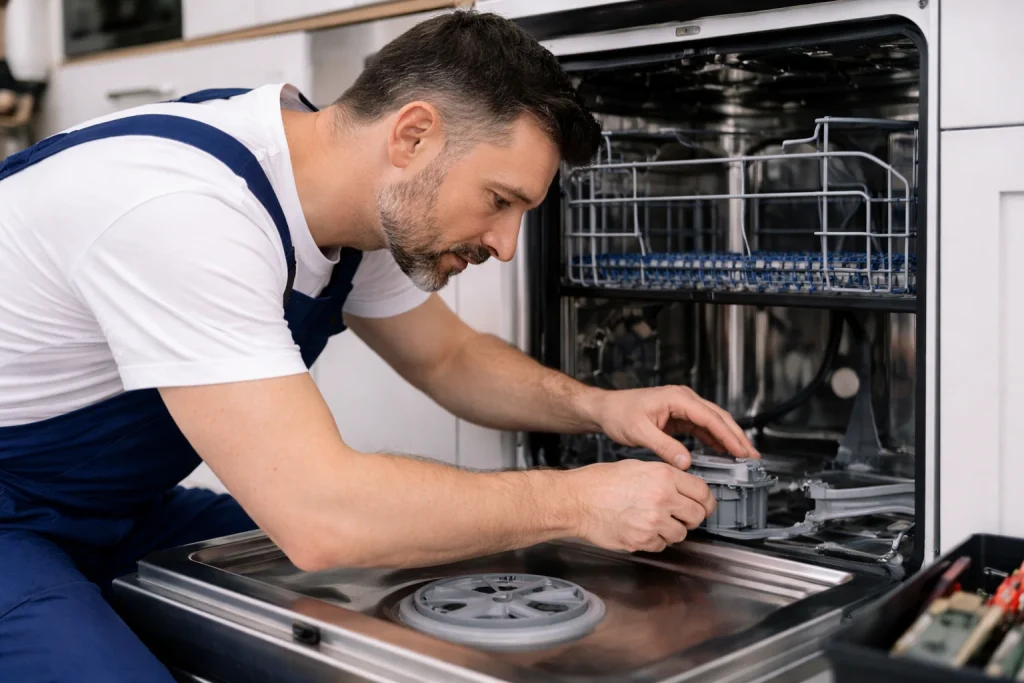 Appliance technician fixing dishwasher pump and lower assembly in home kitchen