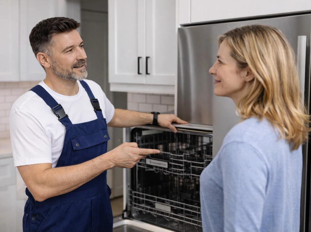 Technician explaining dishwasher repair details to homeowner in Oshawa