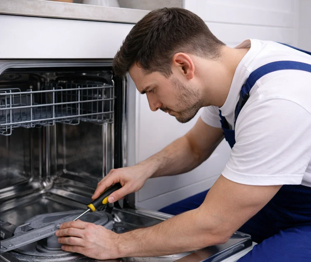 Technician repairing dishwasher spray arm assembly in Oshawa