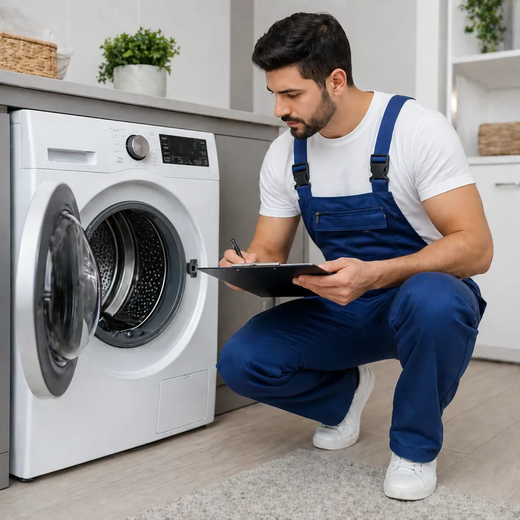 Technician inspecting dryer repair issue in Oshawa