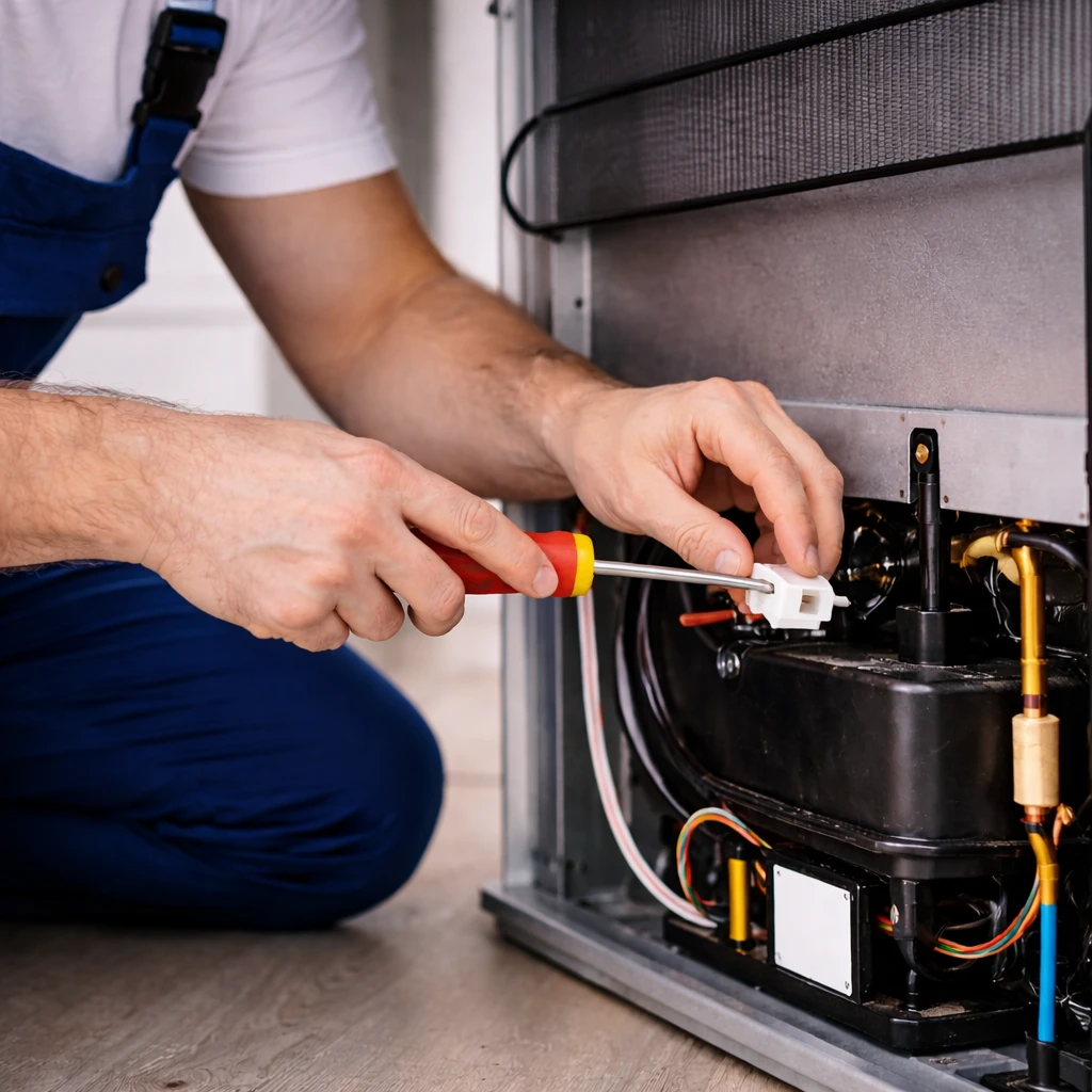 technician fixing internal refrigerator parts to resolve cooling issues in oshawa