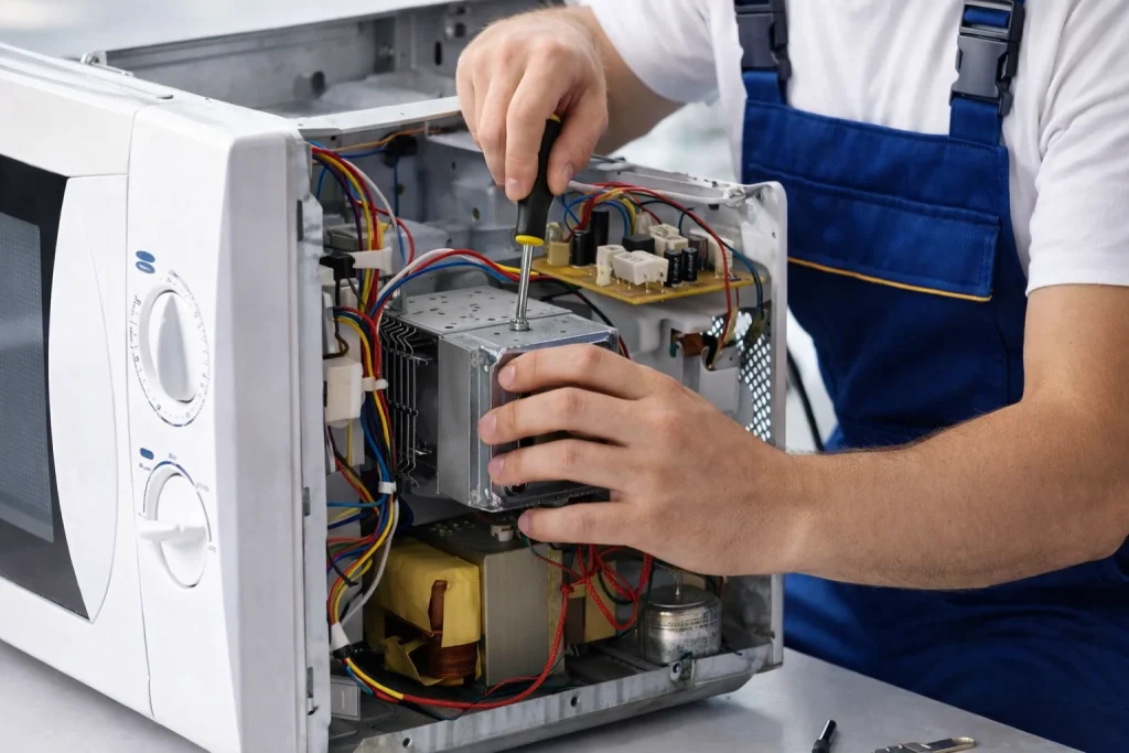 Repair technician working on internal wiring and components inside a microwave oven in Oshawa