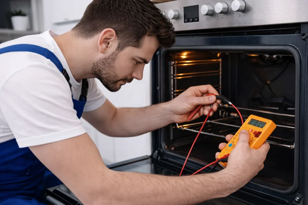 Technician testing oven heating element and internal wiring in Oshawa