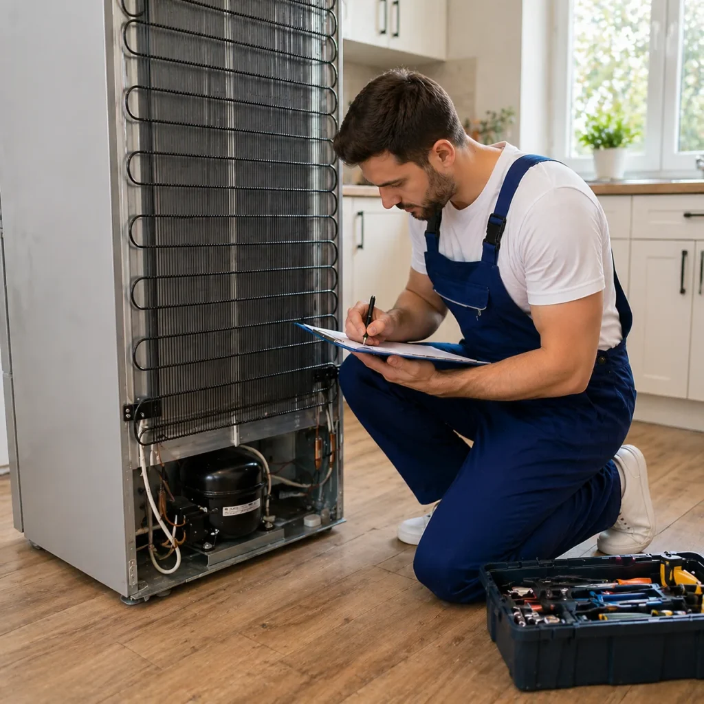 technician inspecting refrigerator and writing cost estimate in oshawa kitchen