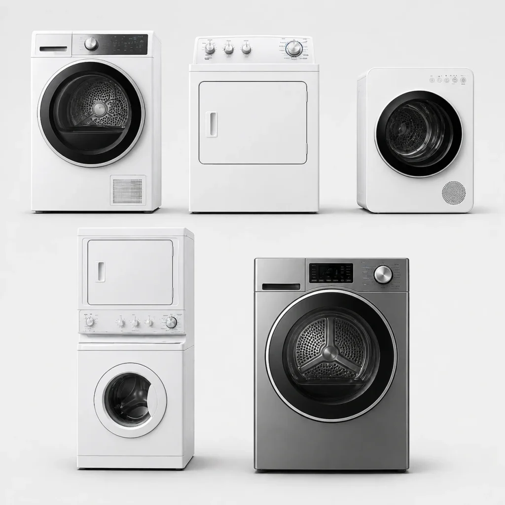 Types of dryers used in Oshawa homes including electric gas ventless and stackable dryer units