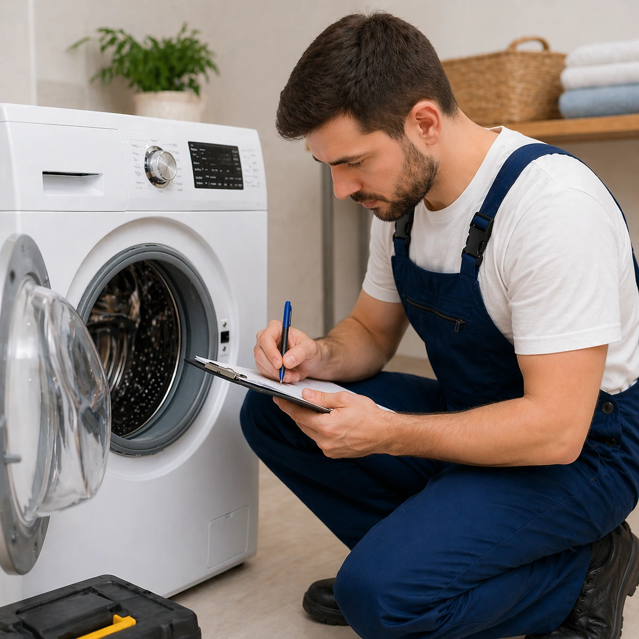 technician inspecting washing machine and writing repair estimate in oshawa