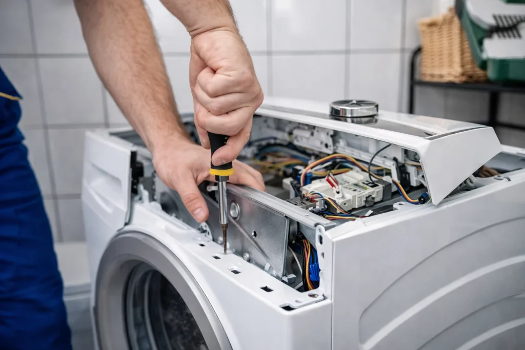 Appliance technician fixing internal parts of a front-load washer during repair in Oshawa