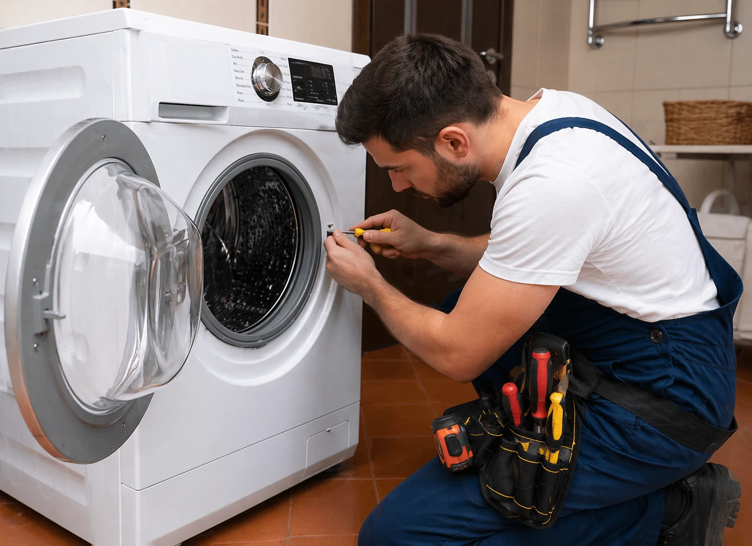 Technician repairing washing machine door seal with a screwdriver in an Oshawa home