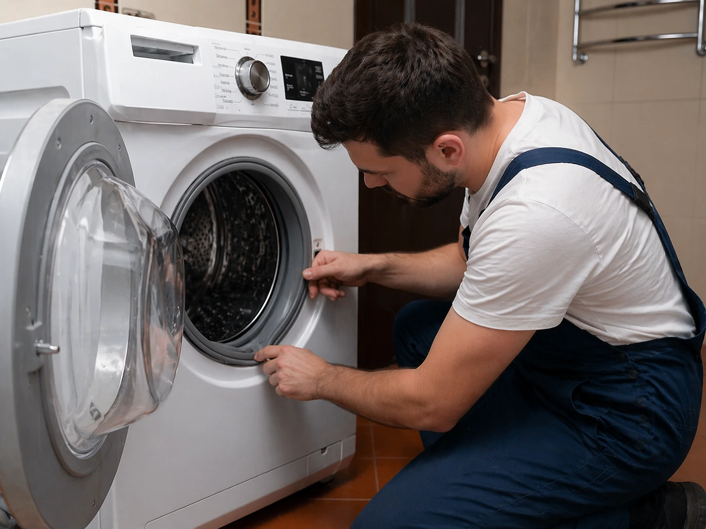 technician adjusting washing machine components during repair in oshawa