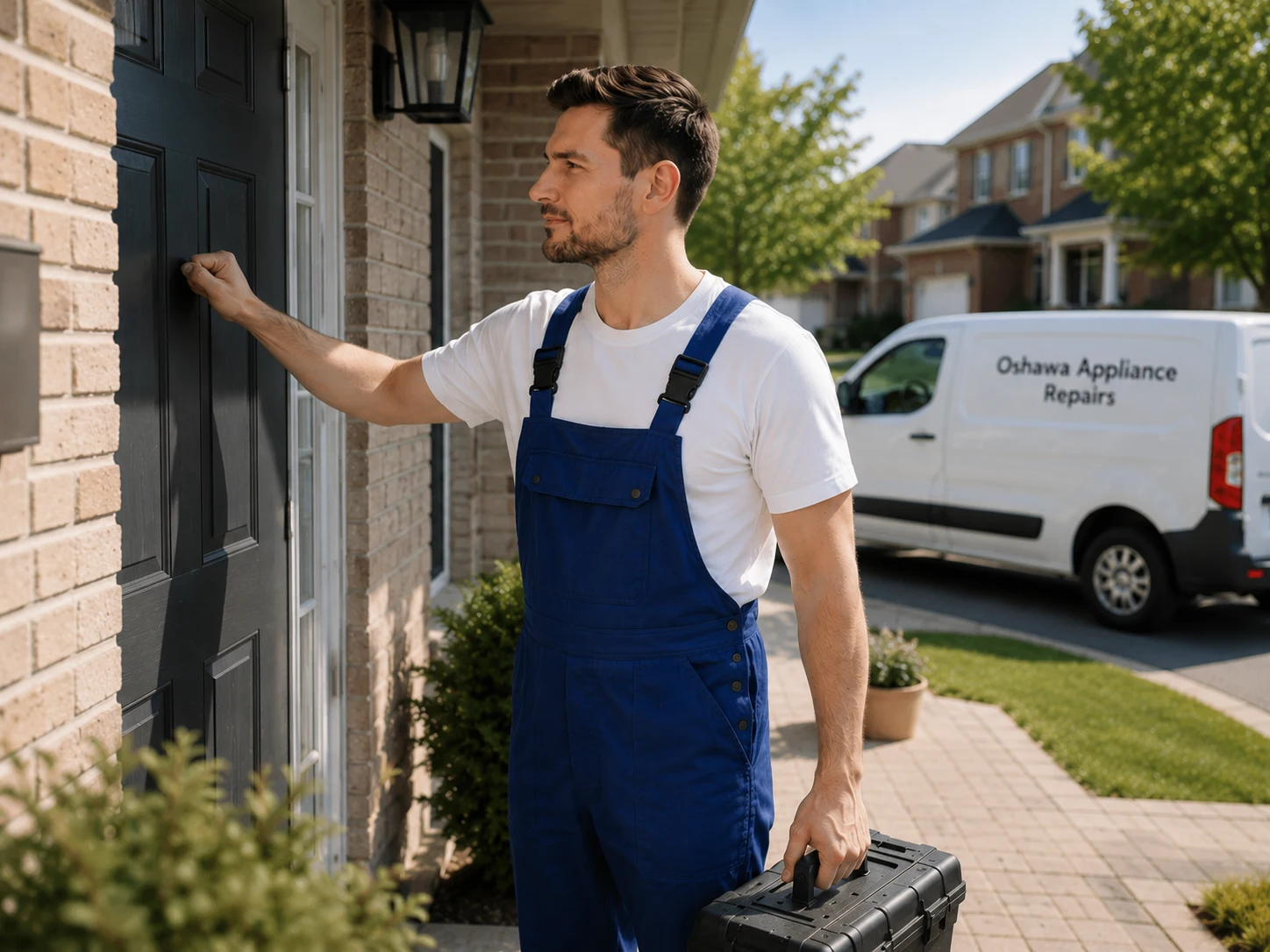Professional appliance repair technician arriving at Oshawa residential property carrying toolbox