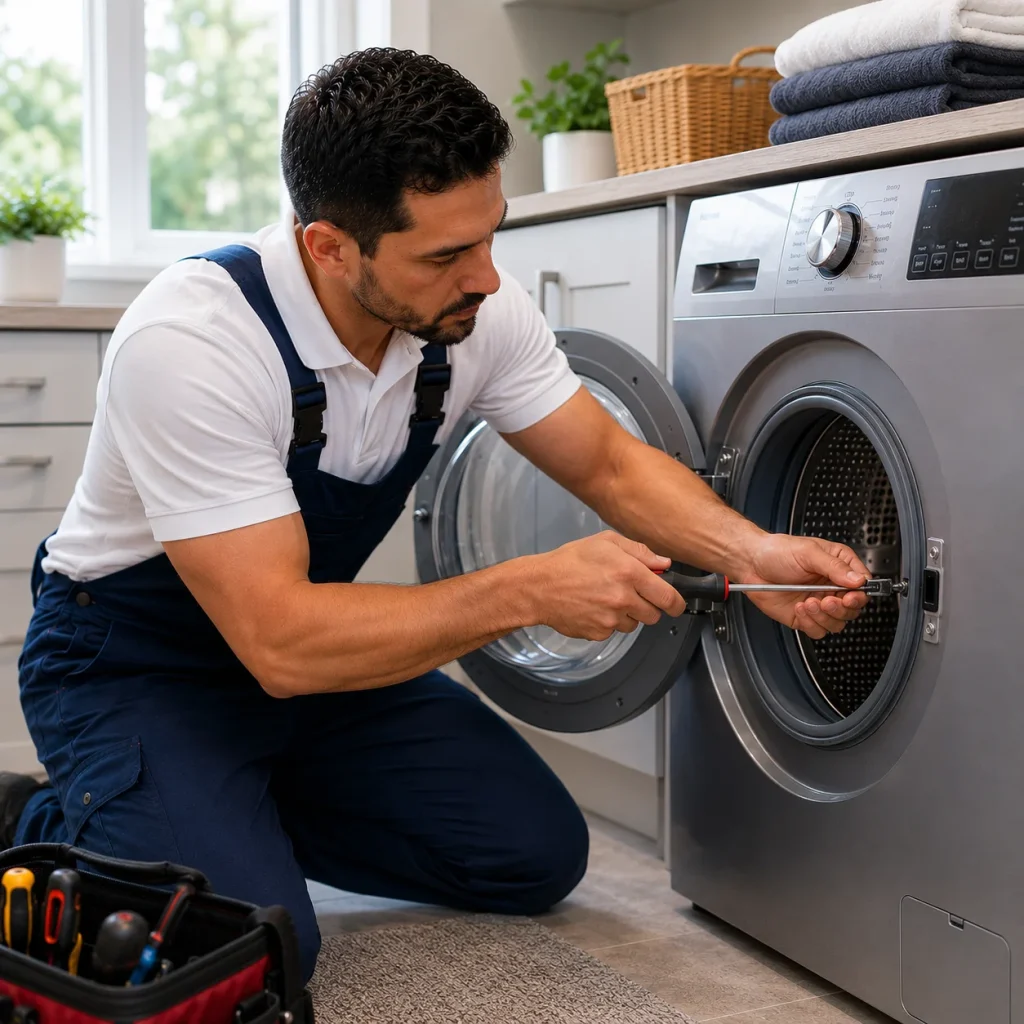 Appliance specialist inspecting washer components during a home service visit in Ajax