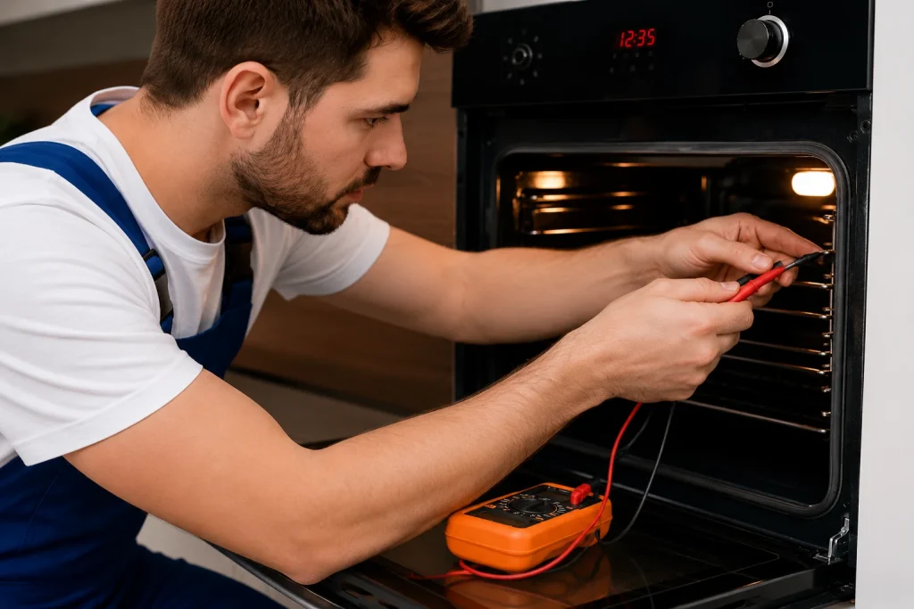 Professional technician repairing built in kitchen oven inside Oshawa residence