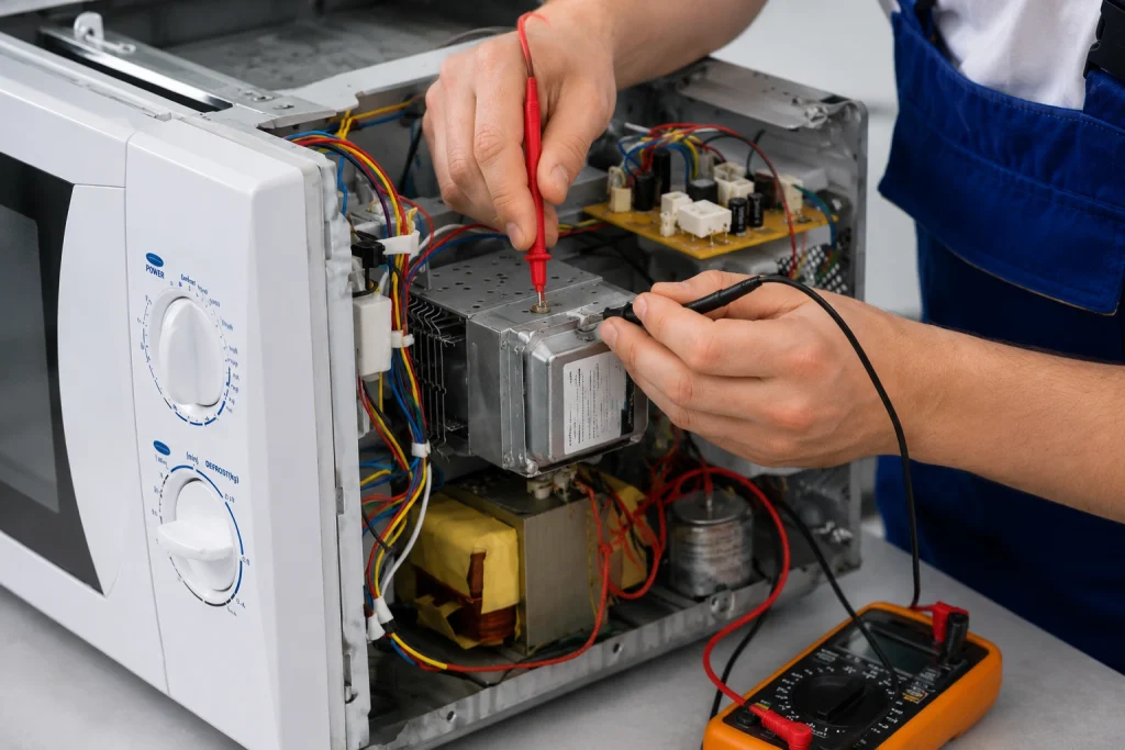 Microwave appliance technician repairing countertop microwave inside Oshawa kitchen