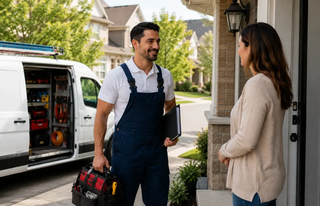 Local appliance repair technician meeting a homeowner for scheduled service in Courtice