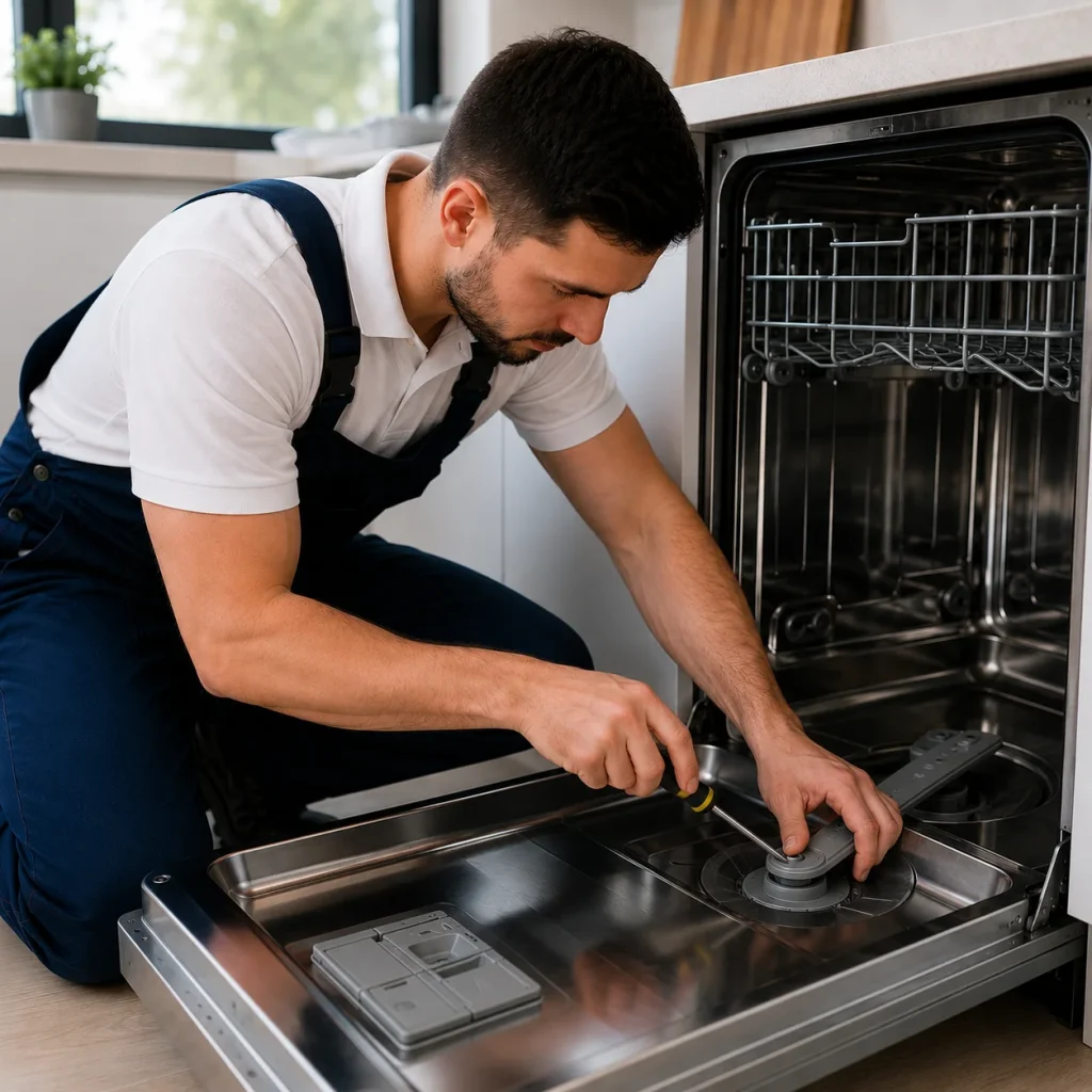 Kitchen appliance specialist servicing dishwasher components during an in-home repair visit