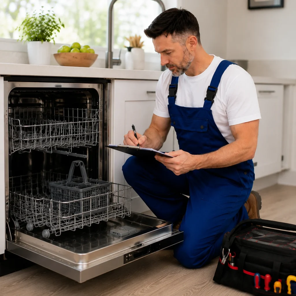 Dishwasher repair technician providing repair estimate and inspection service in Oshawa Ontario.