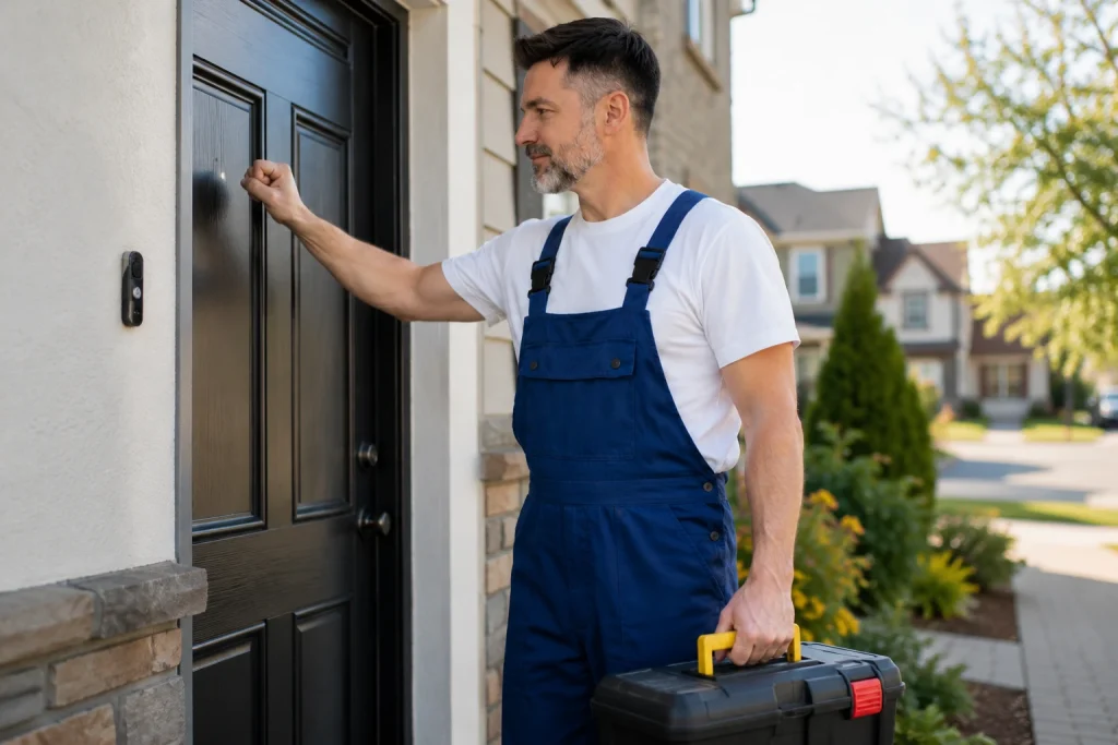 Dishwasher repair technician arriving at residential home for appliance service visit in Oshawa