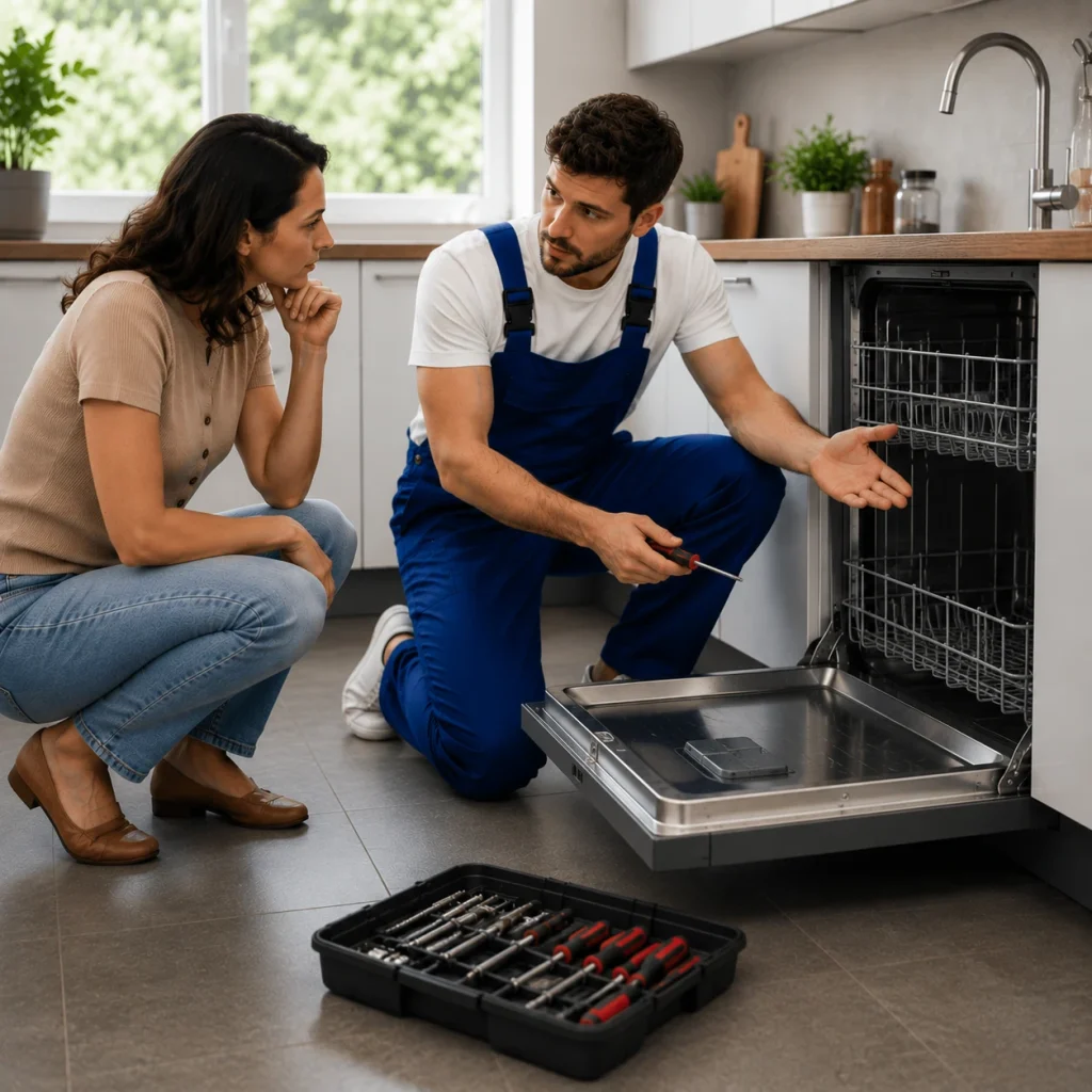 Professional dishwasher technician explaining appliance repair recommendations to Oshawa homeowner