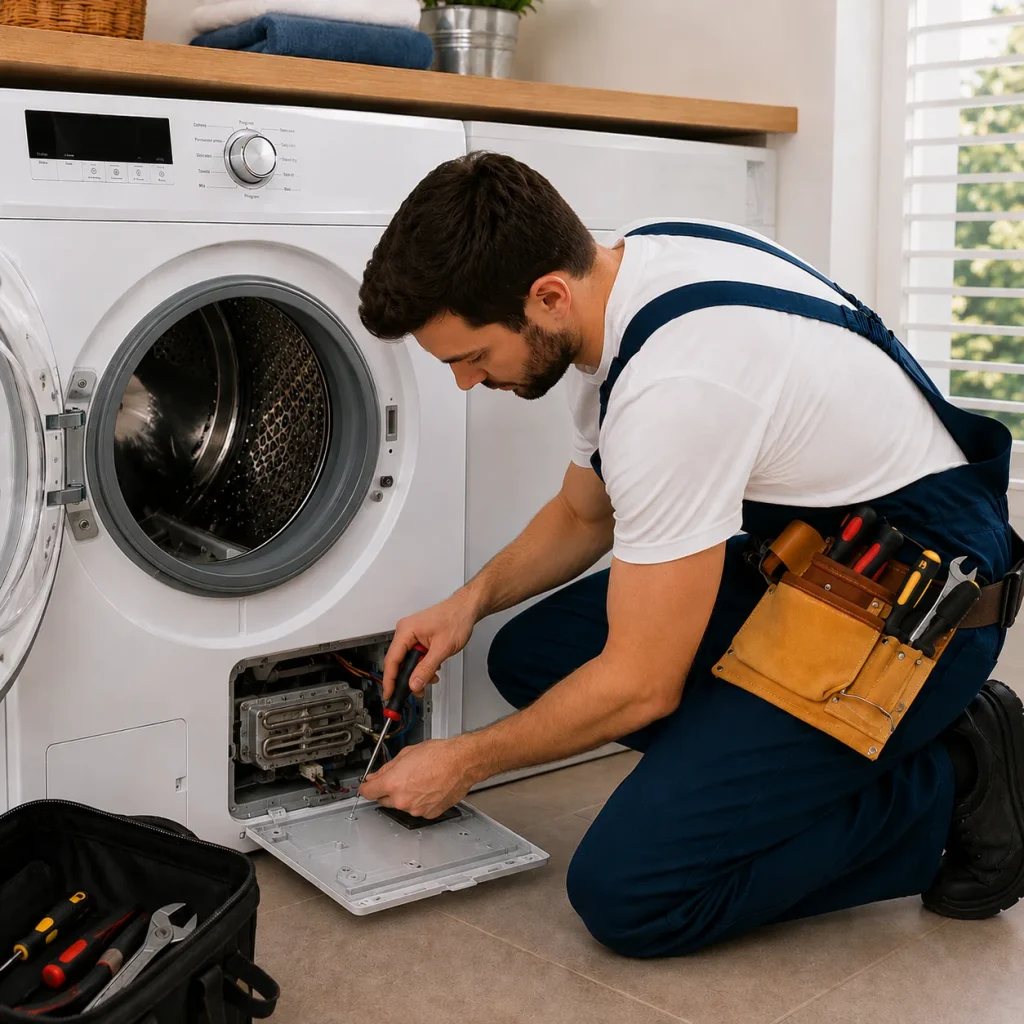 Dryer service technician accessing internal appliance components during repair work