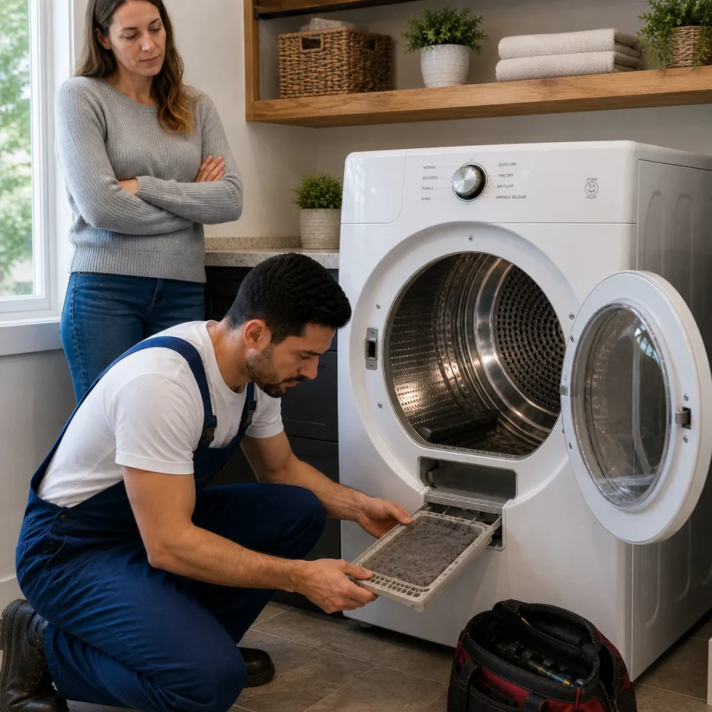 Professional dryer repair technician cleaning lint filter in Oshawa home