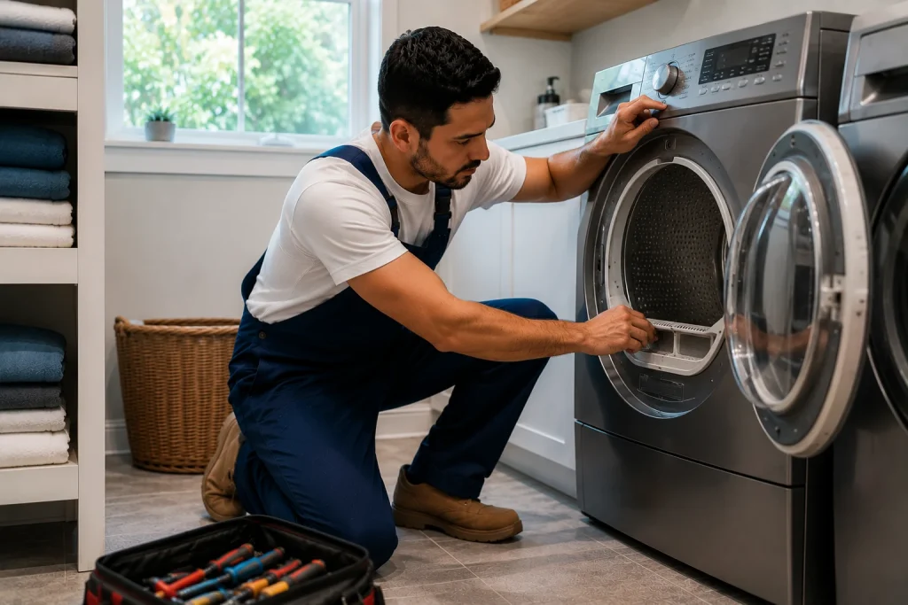 Professional appliance repair technician servicing a household dryer in a Whitby residential home