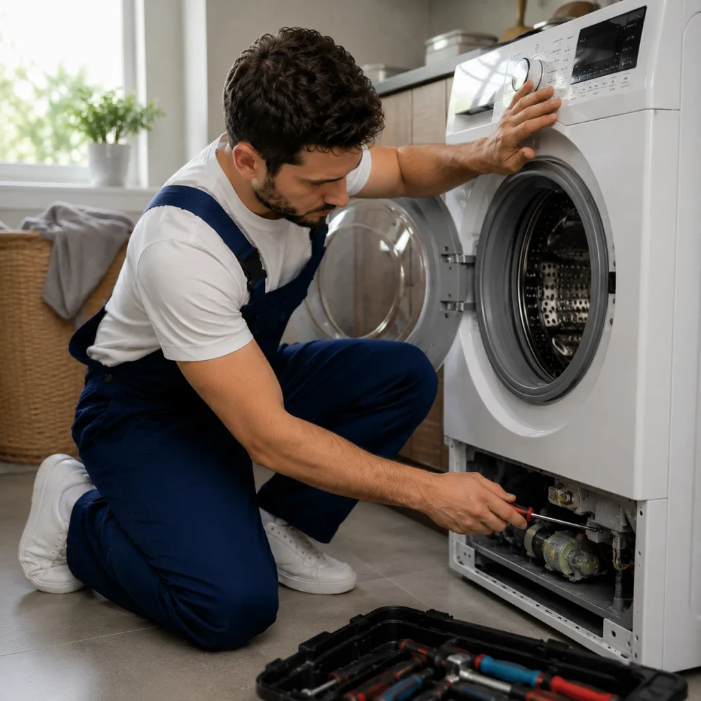 Appliance repair technician servicing front load washing machine inside Oshawa laundry room