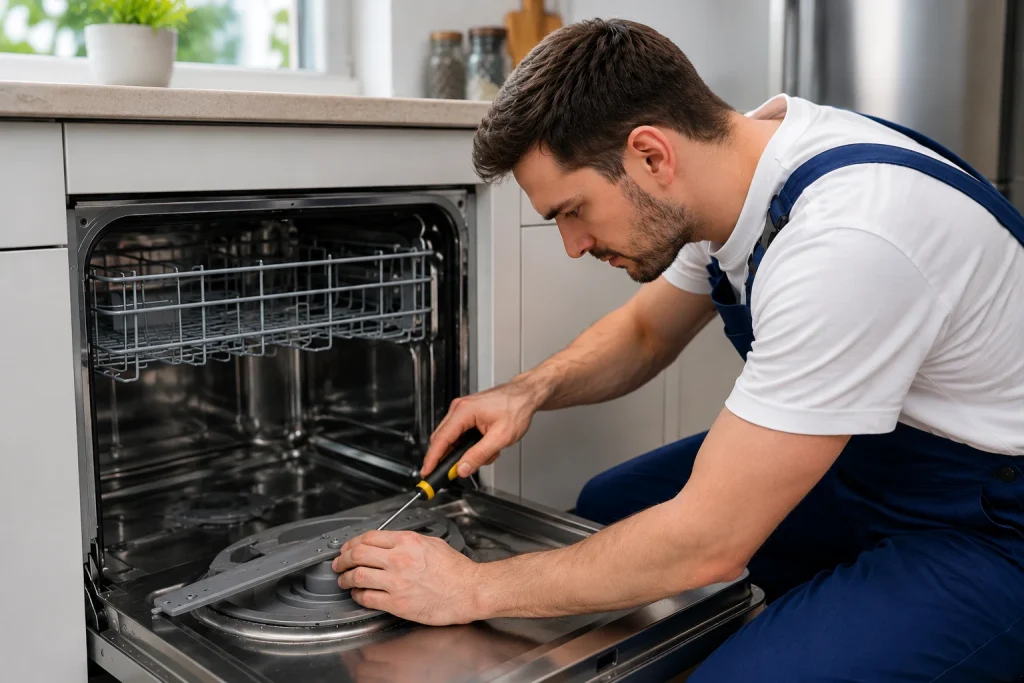 Dishwasher Repair Services in Oshawa technician repairing residential dishwasher