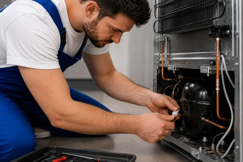 Technician servicing refrigerator cooling system inside modern Oshawa kitchen
