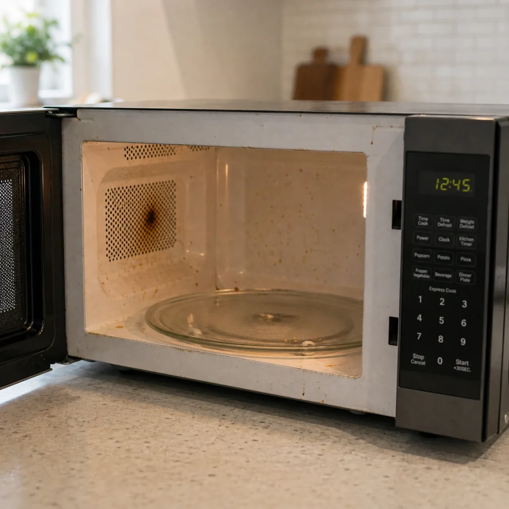 Dirty microwave interior with burn mark causing heating issues in Oshawa home