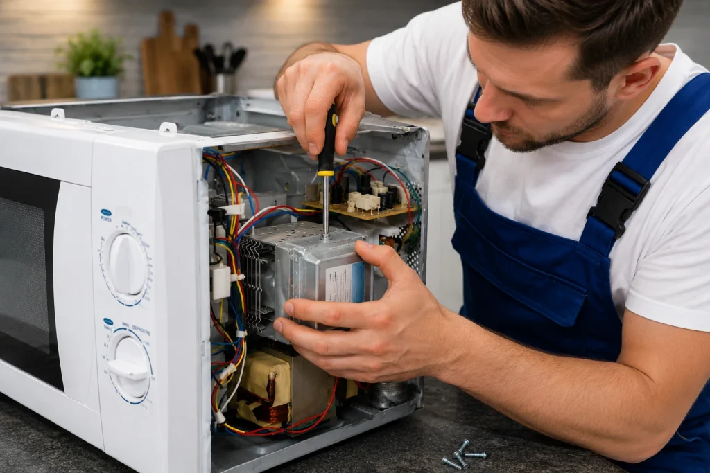 Professional appliance technician repairing rear microwave electrical components inside Oshawa kitchen