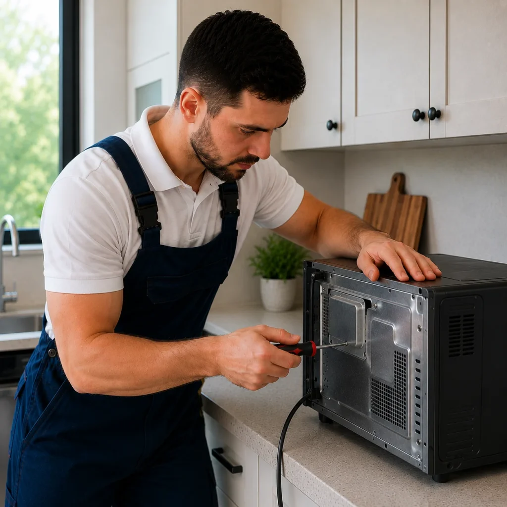 Kitchen appliance technician working on microwave service components during repair