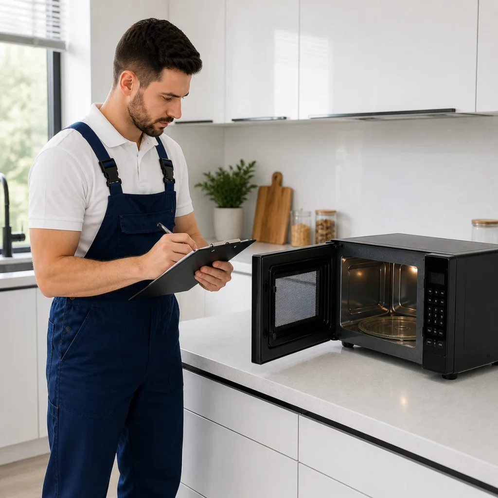 Technician inspecting open microwave and writing repair cost estimate on clipboard in a modern kitchen