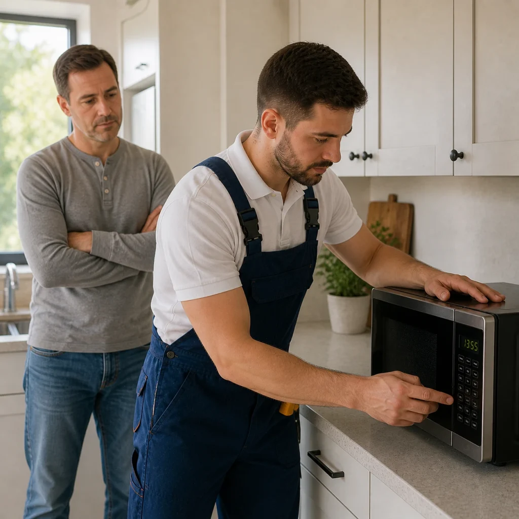 Technician checking microwave settings while homeowner observes in kitchen during repair service