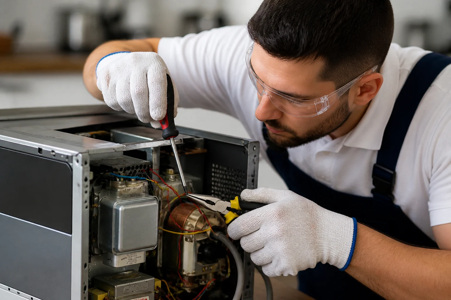 Appliance repair expert working on microwave internal parts for reliable performance