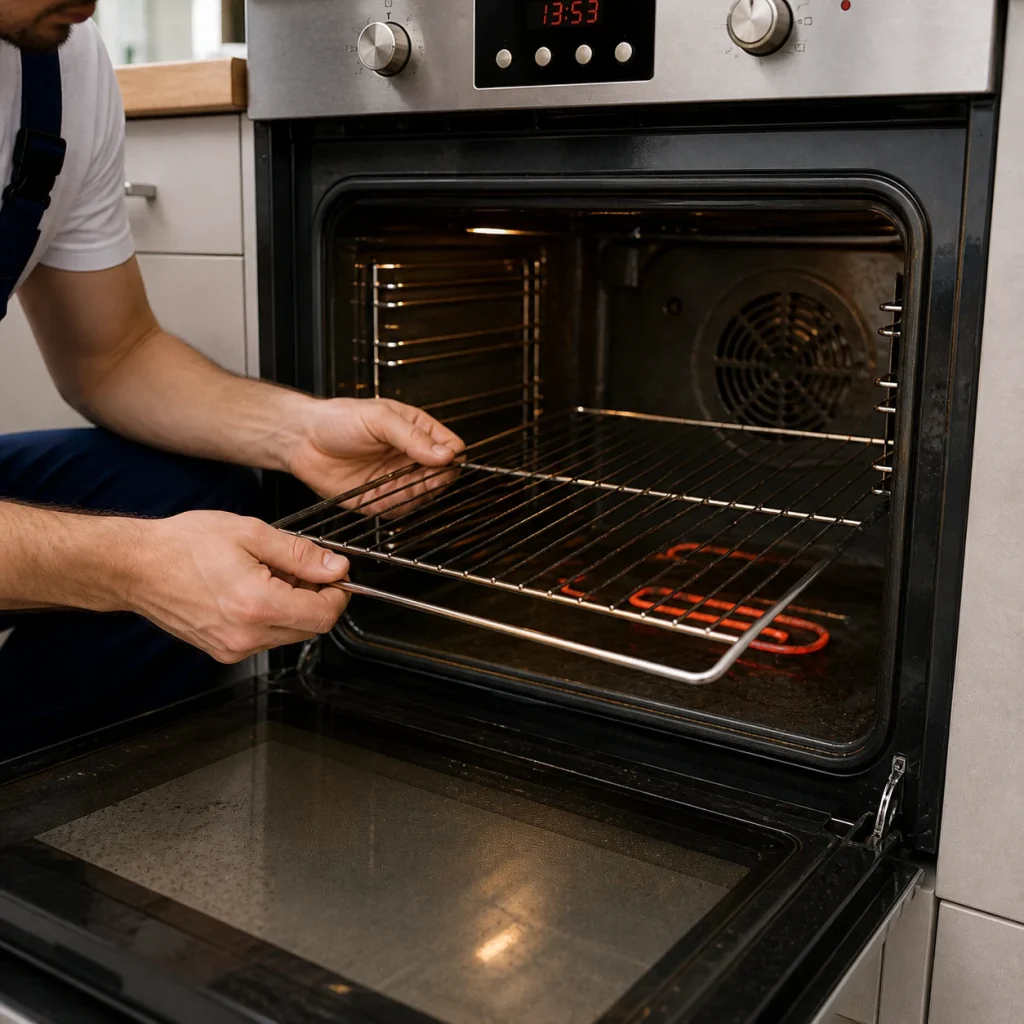 Technician checking oven heating element and interior for uneven heating issues in Oshawa