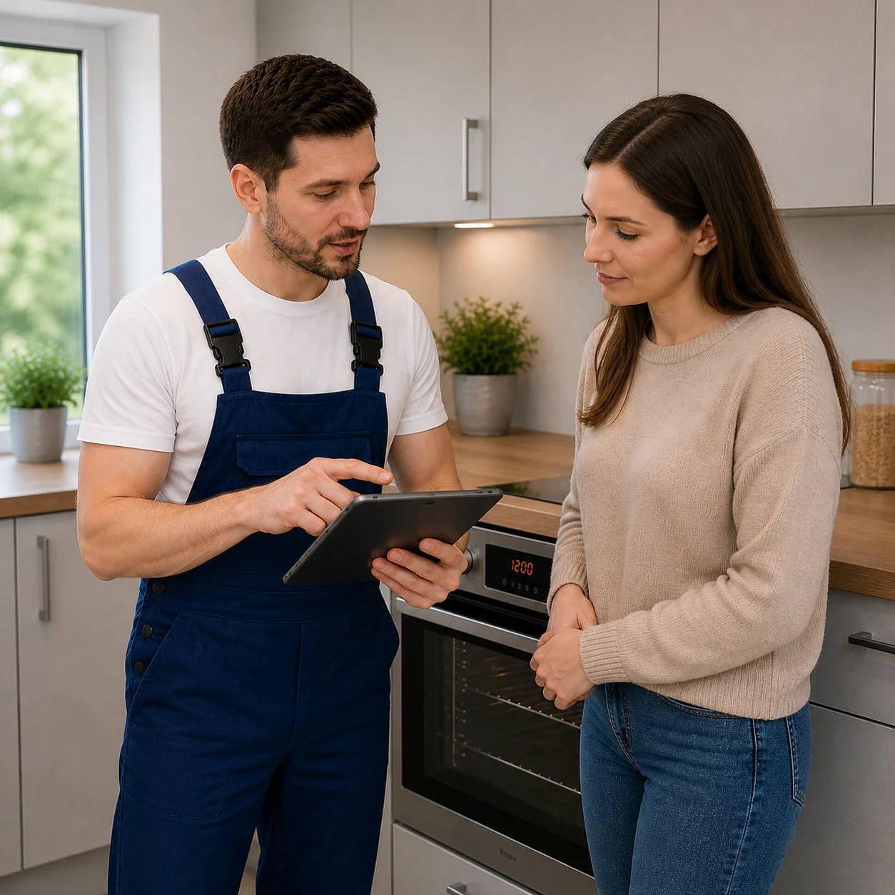 Oven repair Oshawa technician explaining issue to homeowner during service visit
