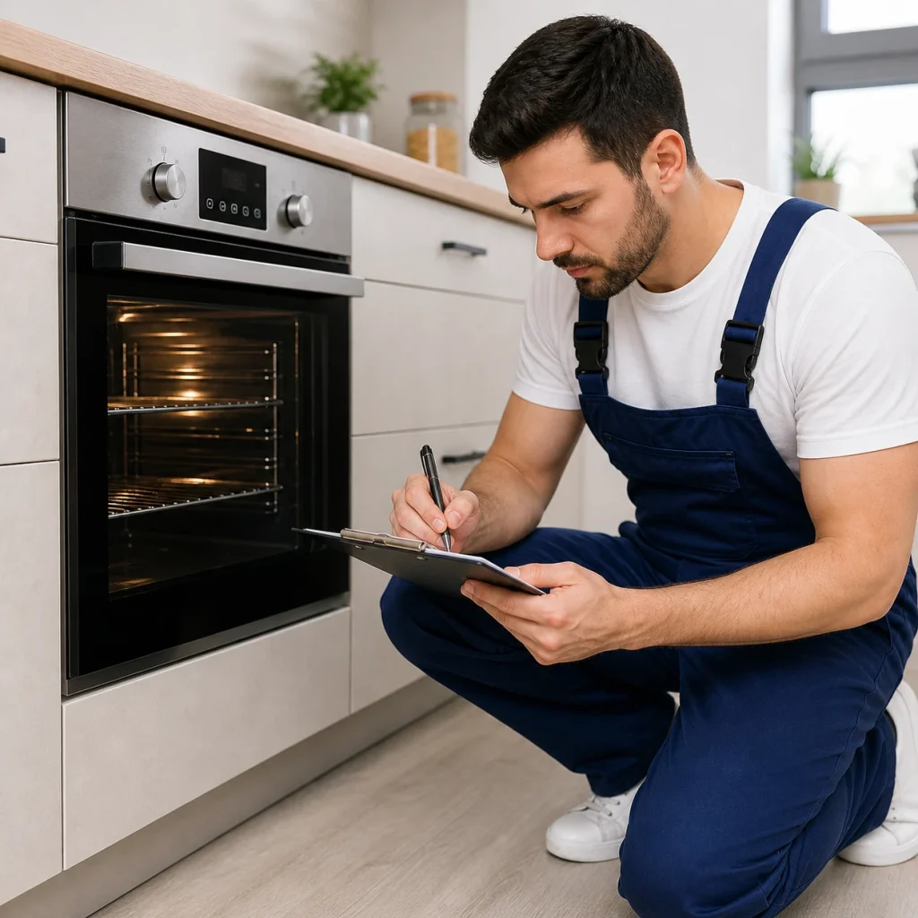 Oven repair cost Oshawa technician inspecting oven and preparing service estimate