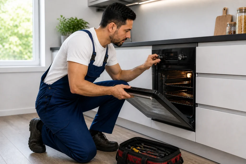 Oven repair Oshawa technician inspecting built-in kitchen oven for heating issues