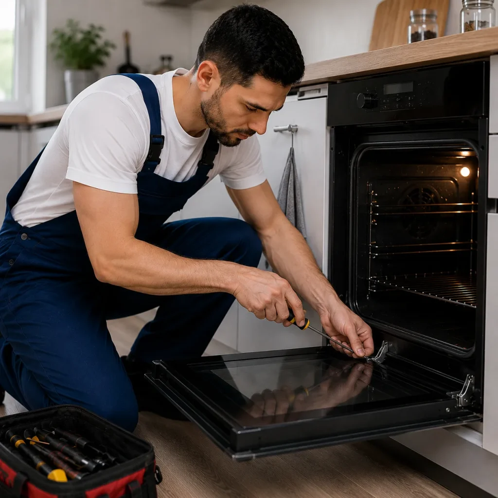 Appliance technician repairing built-in oven hardware in a modern kitchen setting