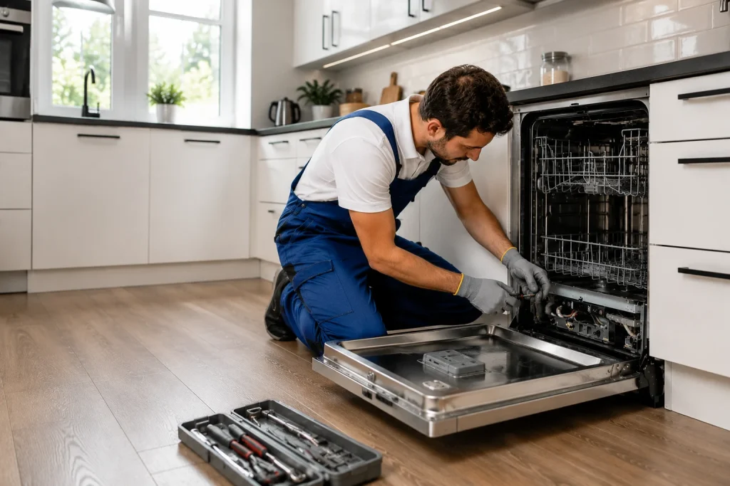 Dishwasher Repair Services in Oshawa technician servicing a built-in dishwasher