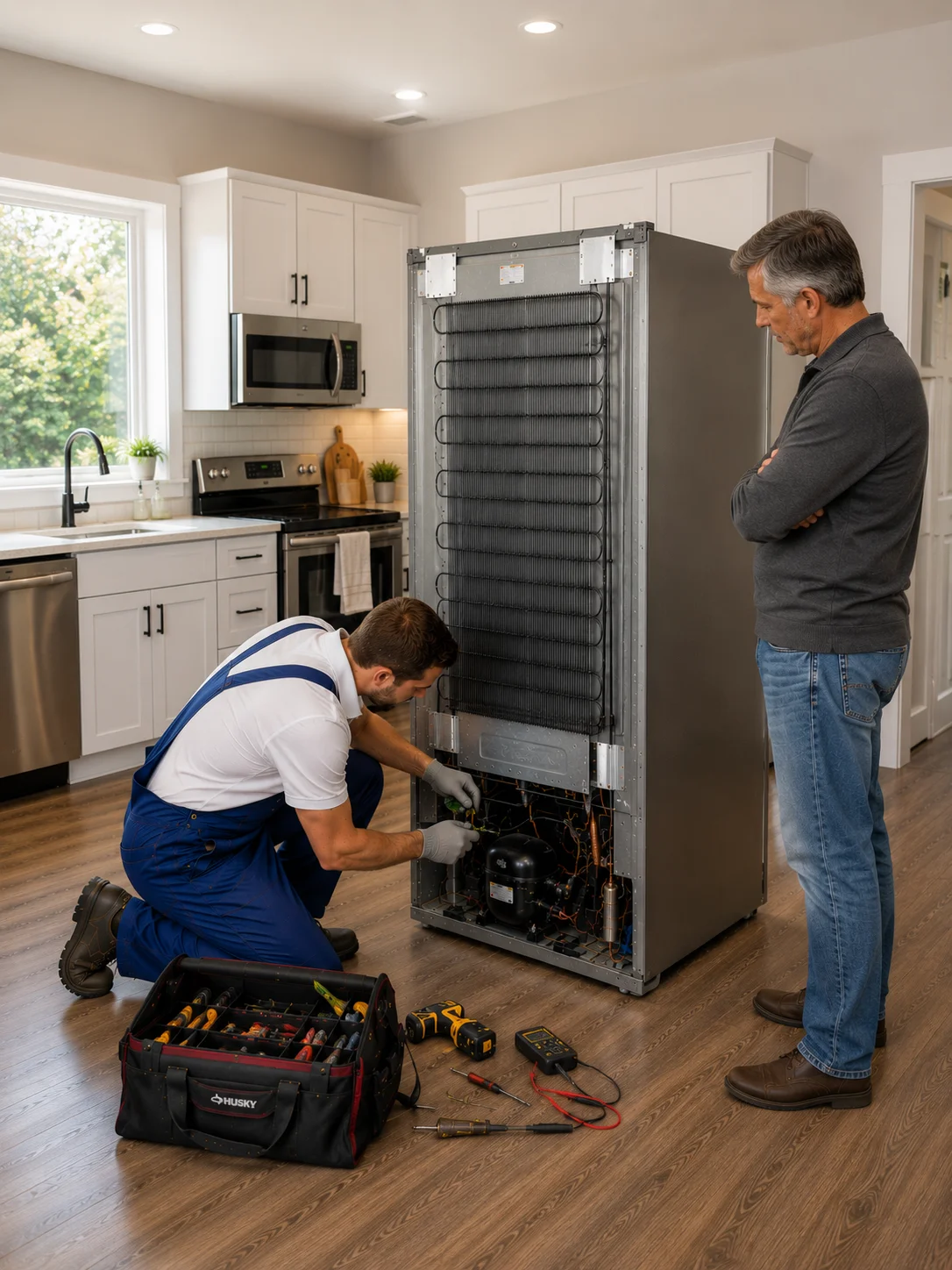 Appliance repair technician servicing rear refrigerator cooling components inside a modern Oshawa home kitchen