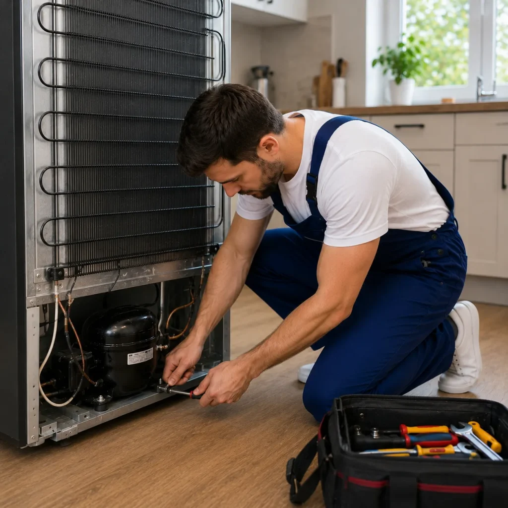 Professional appliance repair technician repairing a household refrigerator