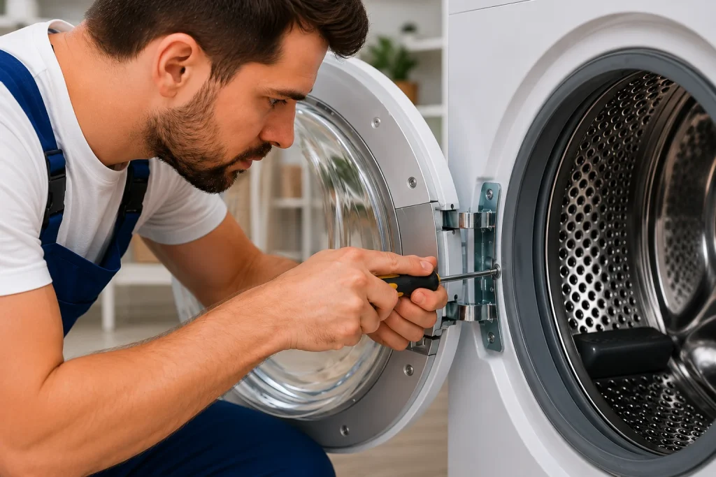 Dryer repair specialist servicing residential laundry appliance inside Oshawa home