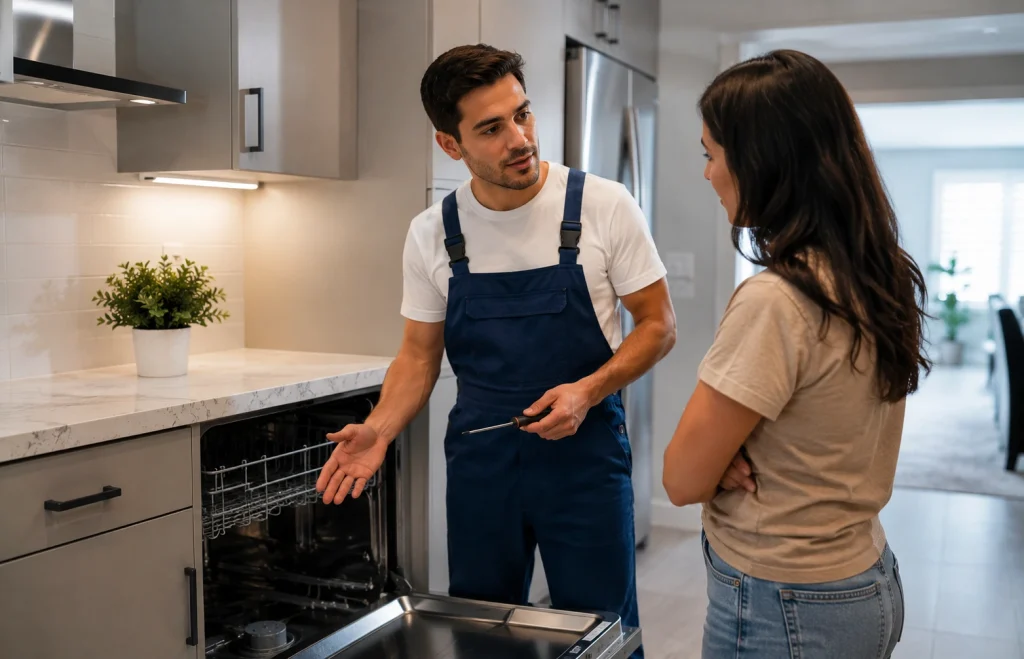Dishwasher repair technician discussing appliance repair details with homeowner in Oshawa kitchen