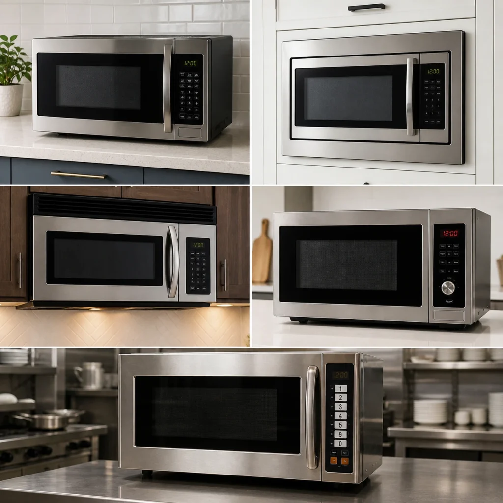Different types of microwaves we repair in Oshawa including countertop built in over the range and commercial units