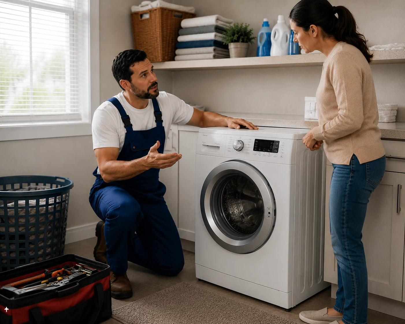Technician providing washer repair consultation in Oshawa