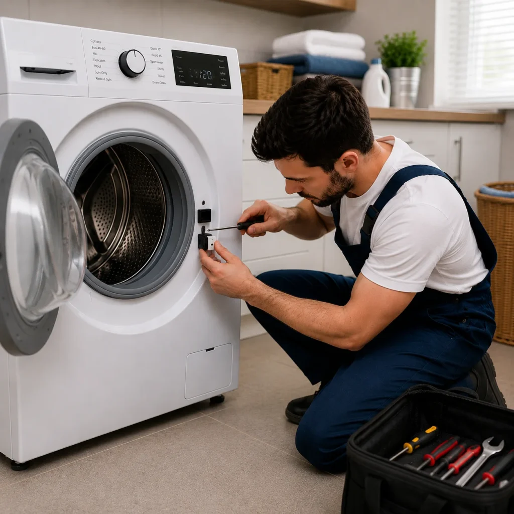 Laundry appliance specialist testing washing machine performance during a service visit